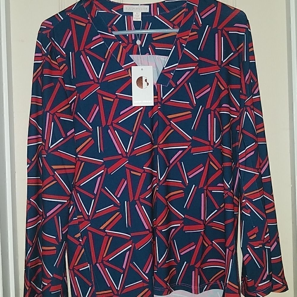Cuddy Studios Women's Geometric Print Long Sleeves Blue/Red Top Size M NWT
